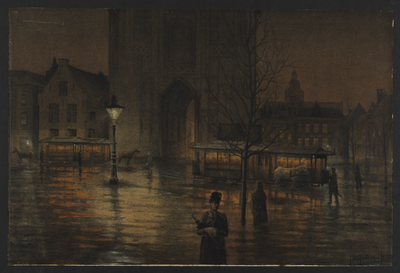 800111 Gezicht op het Domplein te Utrecht. op een regenachtige avond uit het noordoosten, met in het midden het ...